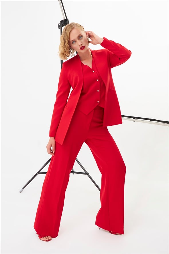Side Slit Detailed Loose Trousers - RED