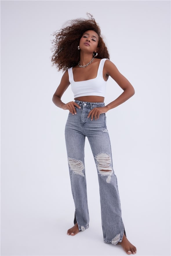 Yırtık detaylı straight fit jeans - GRİ