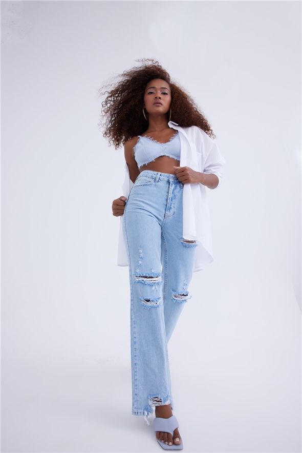 Straight jeans with ripped details - BLUES