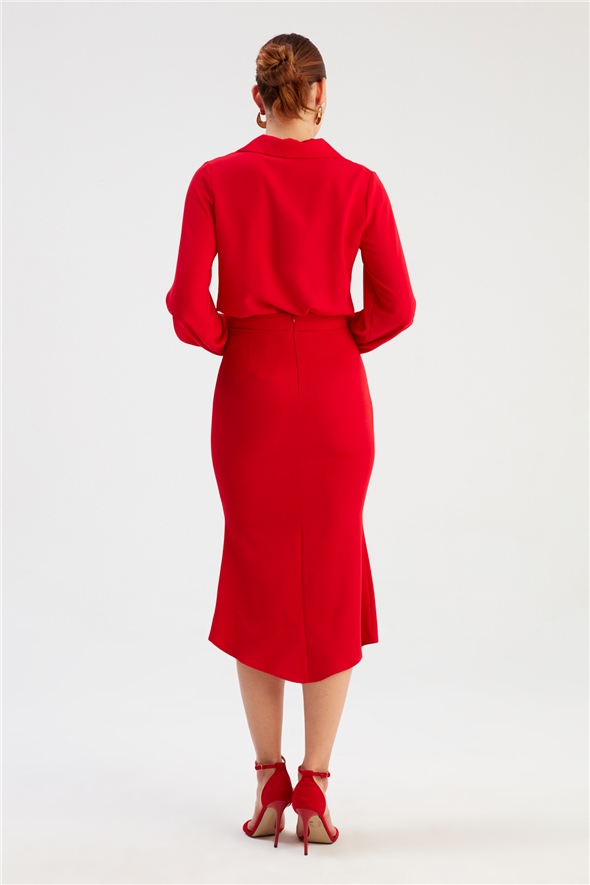 Slit Detailed Flared Skirt - RED