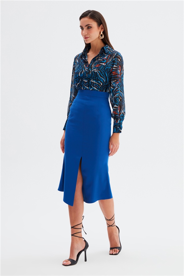 Slit Detailed Flared Skirt - SAX BLUE