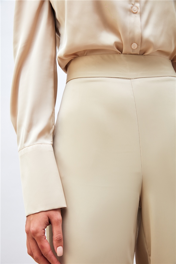 Slit Detailed Satin Trousers - BEIGE