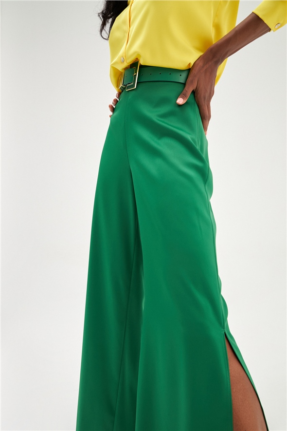 Slit Detailed Satin Trousers - EMERALD