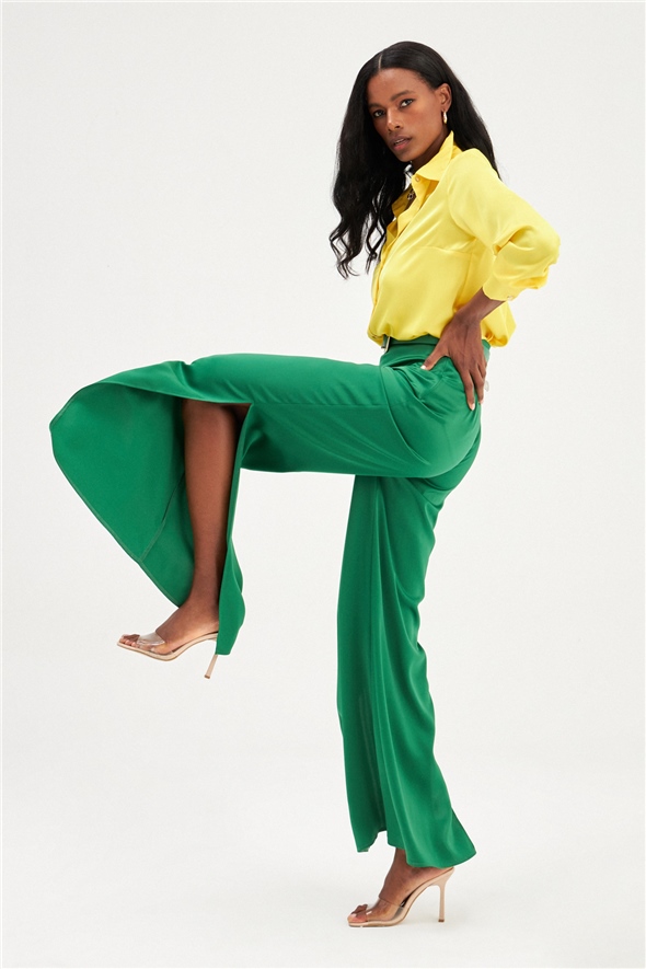 Slit Detailed Satin Trousers - EMERALD