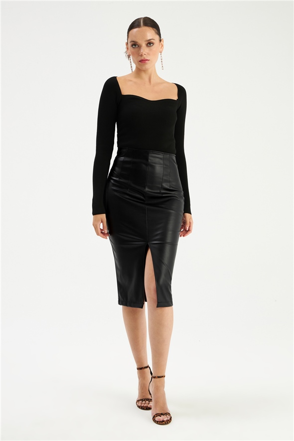 Slit leather skirt - BLACK