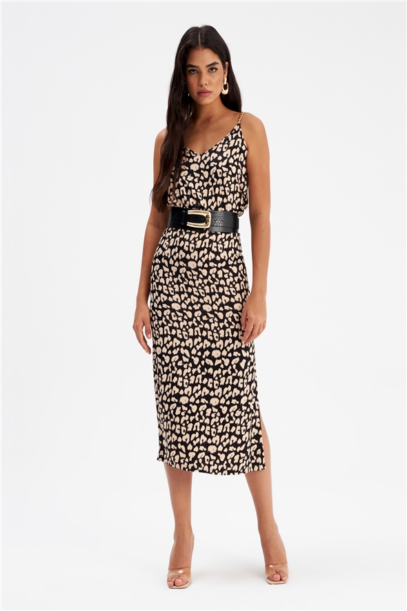 Leopard print satin skirt with slits - BLACK