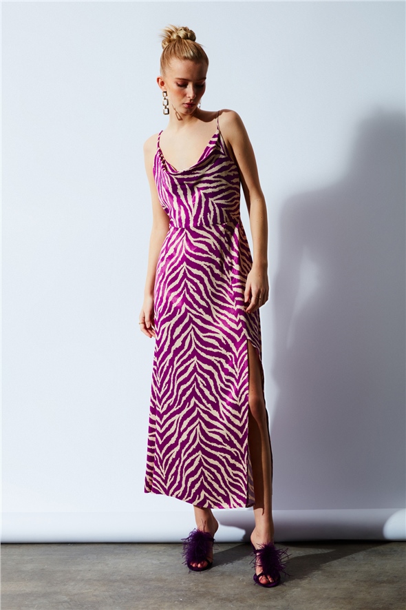 Zebra print satin dress with slits - FuchsIa