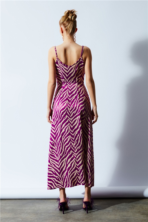 Zebra print satin dress with slits - FuchsIa