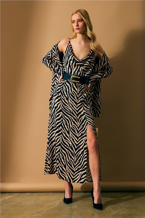 Yırtmaçlı zebra desenli saten elbise - ZEBRA