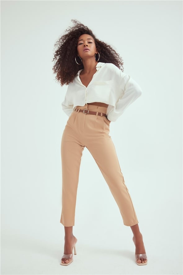 High waist pleated belted Trousers - CAMEL