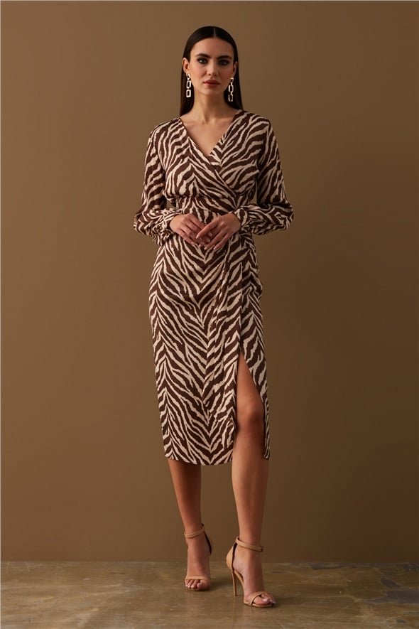 Zebra print detailed satin skirt - BROWN
