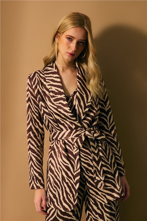 Zebra desenli kuşaklı ceket - KAHVE