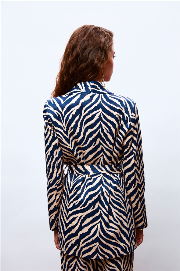 Zebra Patterned Belted Satin Jacket - BLUE