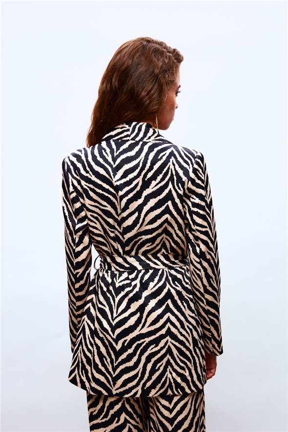Zebra Patterned Belted Satin Jacket - BLACK