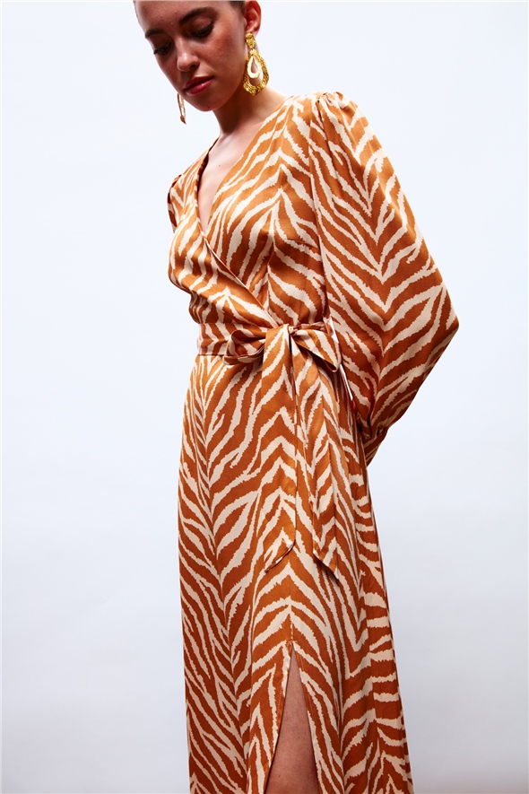 Zebra Patterned Belted Satin Dress - CAMEL