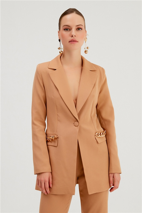 Chain Detailed Long Jacket - CAMEL