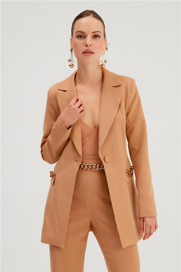 Chain Detailed Long Jacket - CAMEL