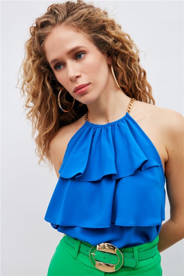 Chain detailed ruffled blouse - SAX BLUE