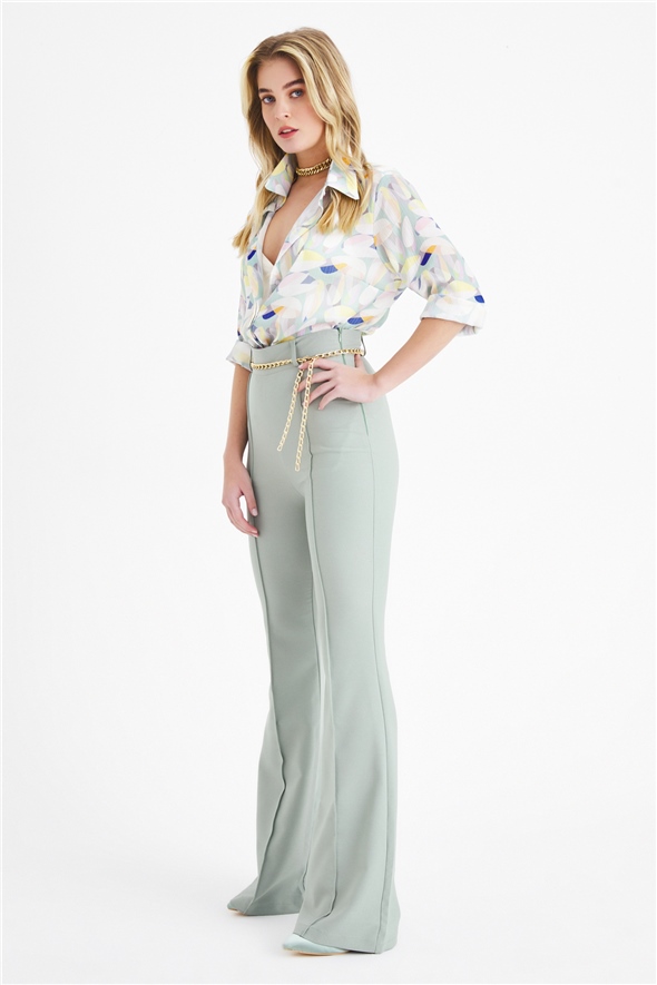 Chain belt flared trousers - GREEN ALMOND