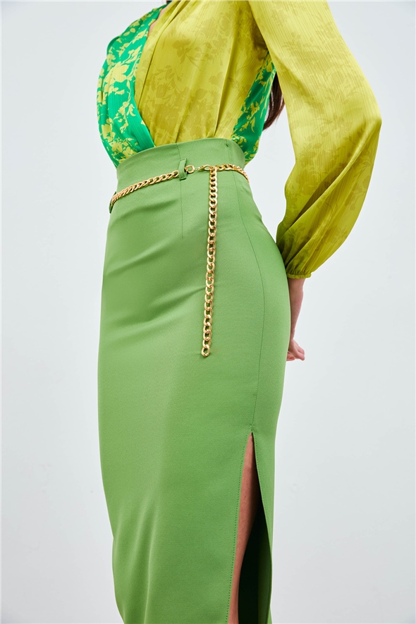 Chain Belt Pencil Skirt - LIGHT GREEN