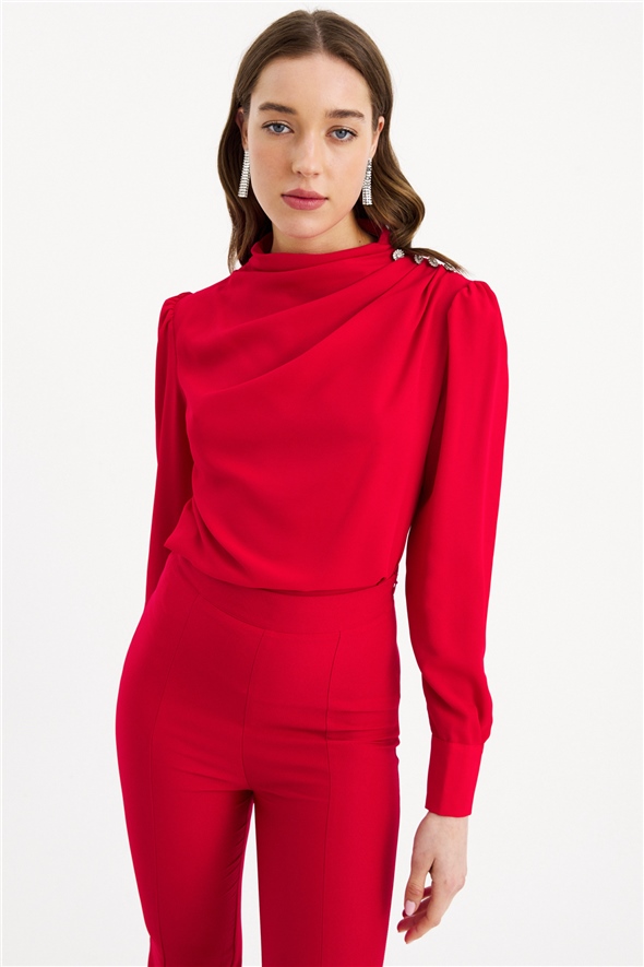 Loose blouse with zircon embellishment buttons - RED