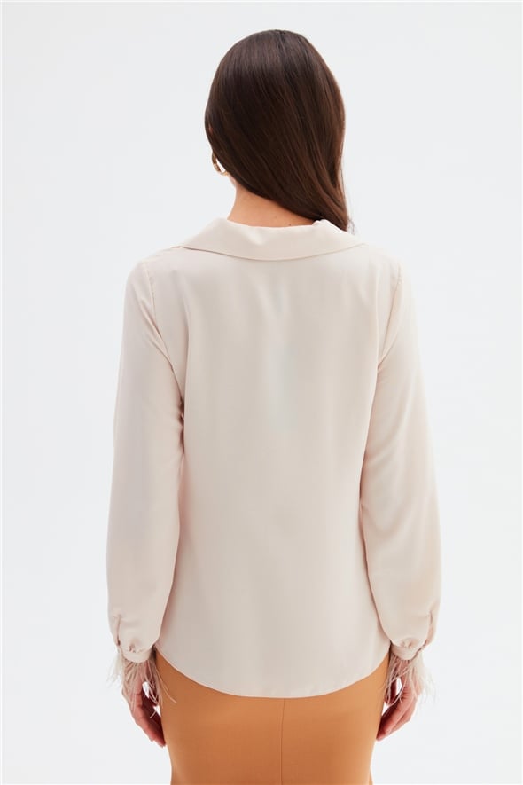 Feather Detailed Loose Shirt - BEIGE