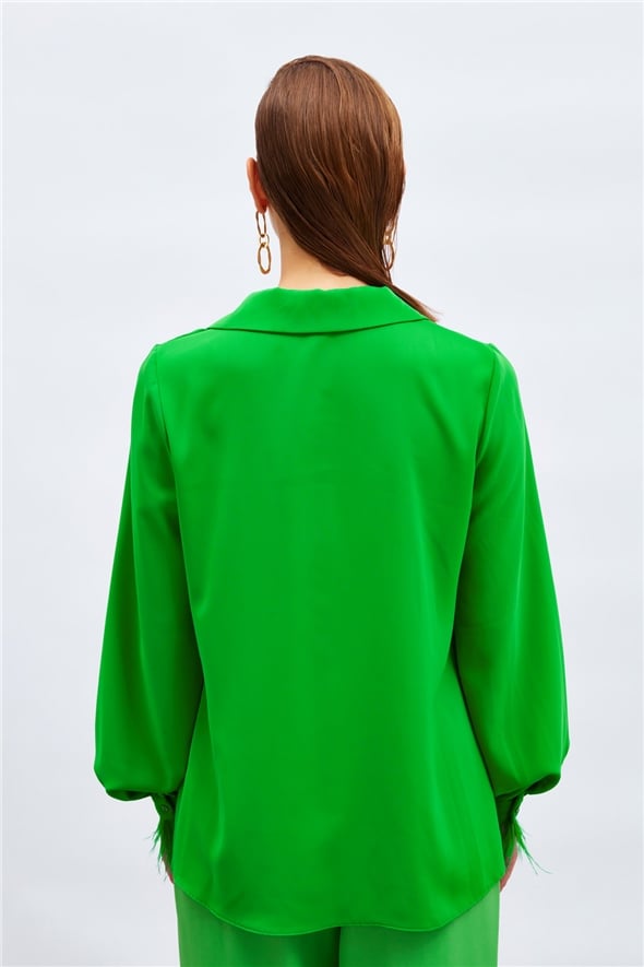 Feather Detailed Loose Shirt - GREEN