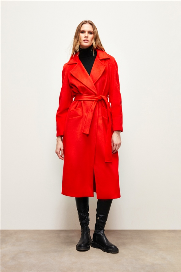 Belted Long Coat - RED