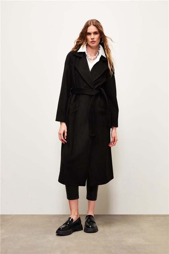 Belted Long Coat - BLACK