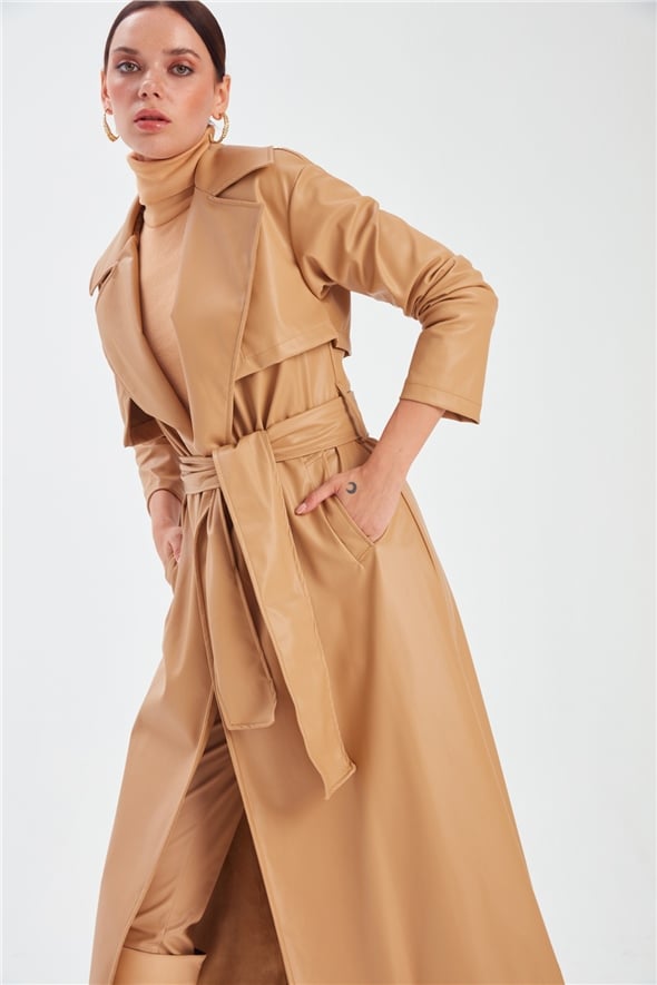 Long belted leather trench - BEIGE