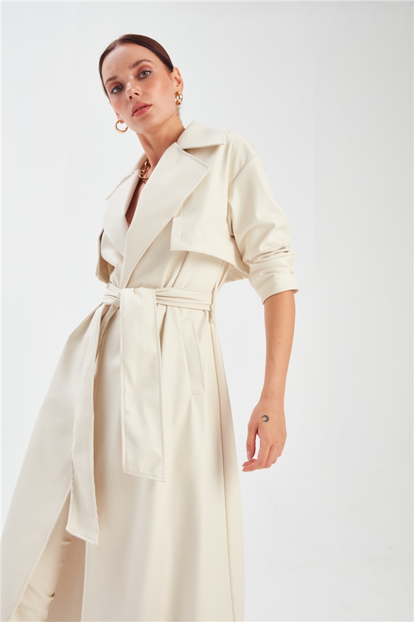Long belted leather trench - ECRU