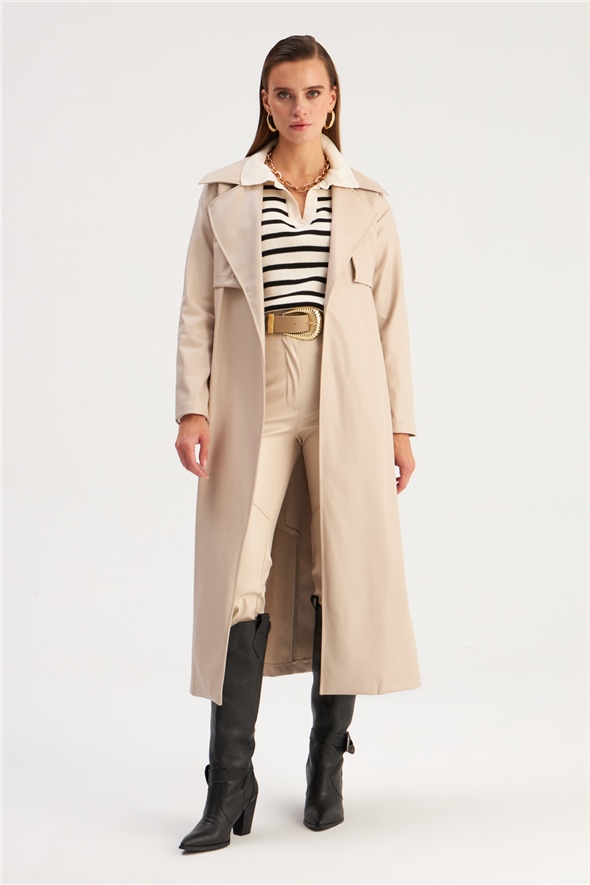 Long belted leather trench - STONE