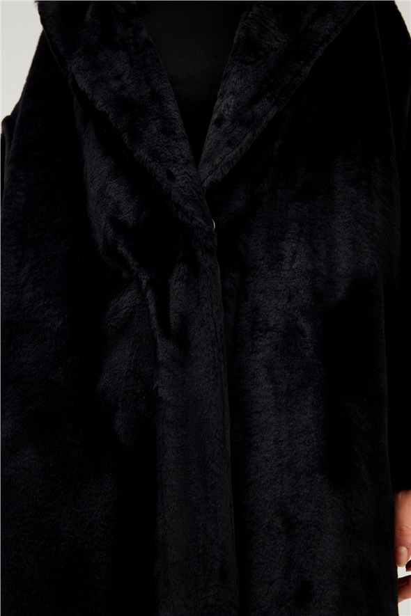 Pockets Long Plush Coat - BLACK