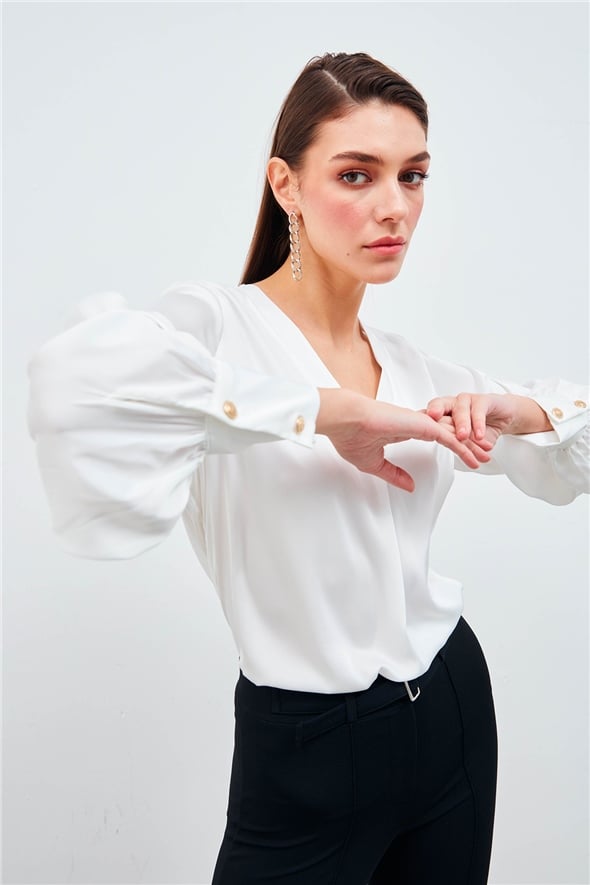 V-neck satin blouse - ECRU
