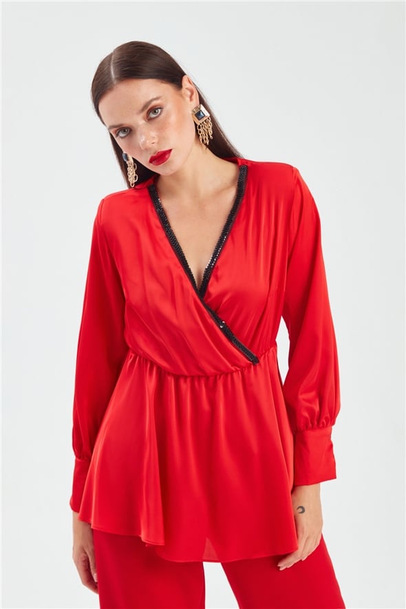 Collar Detailed Double Breasted Blouse - RED