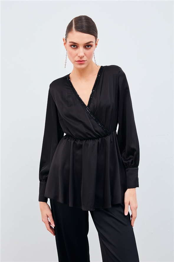 Collar Detailed Double Breasted Blouse - BLACK