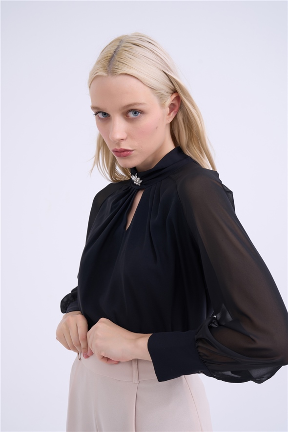 Collar detailed chiffon sleeve blouse - BLACK