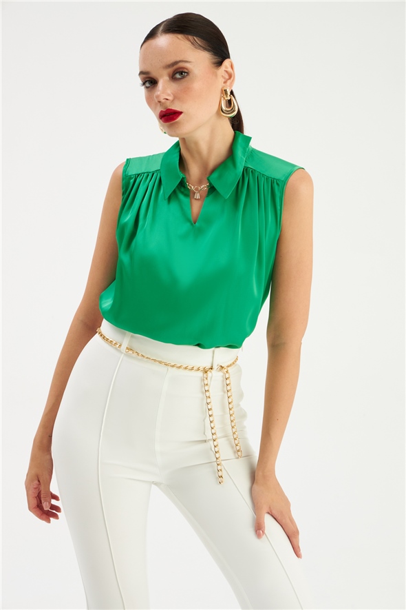 Collar Accessory Detailed Blouse - EMERALD