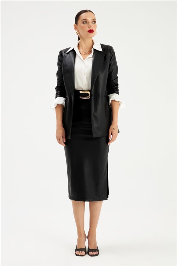 Leather pencil skirt with side slits - BLACK