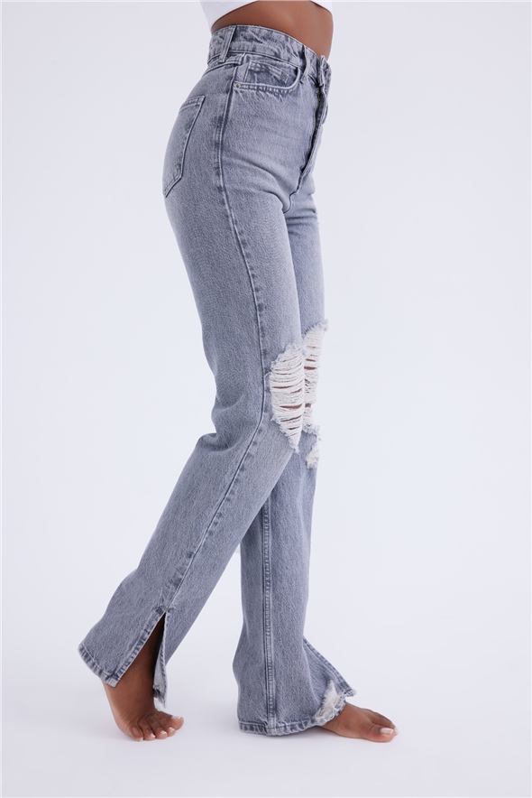 Yırtık detaylı straight fit jeans - GRİ