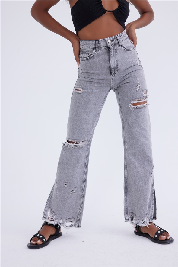 Yırtık Detaylı wide leg jeans - ANTRASİT