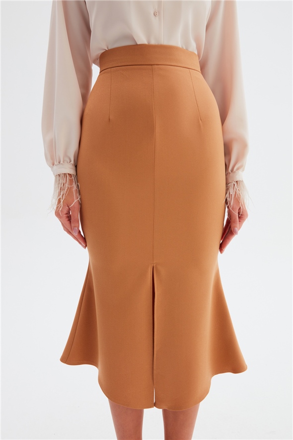 Slit Detailed Flared Skirt - CAMEL