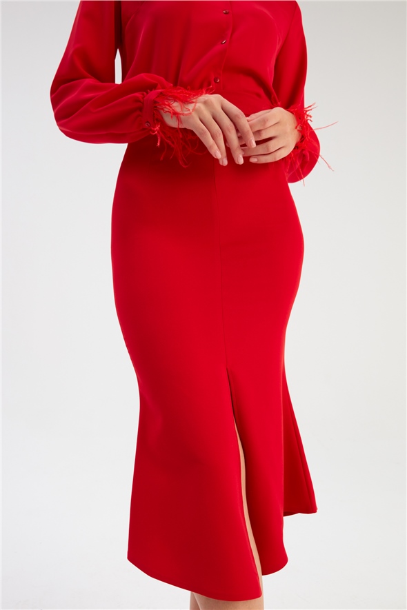 Slit Detailed Flared Skirt - RED