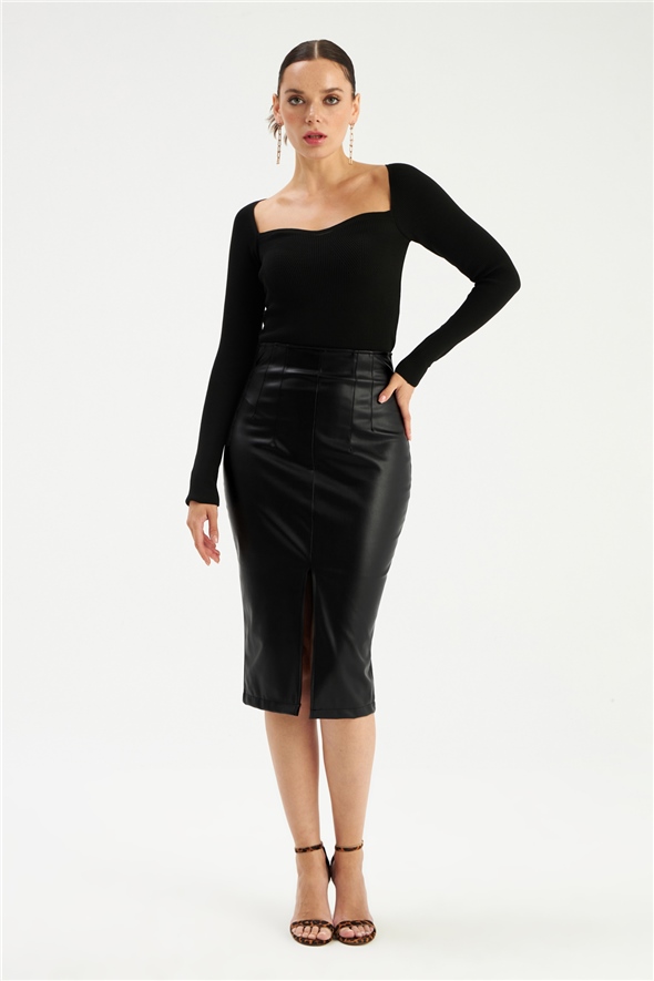 Slit leather skirt - BLACK