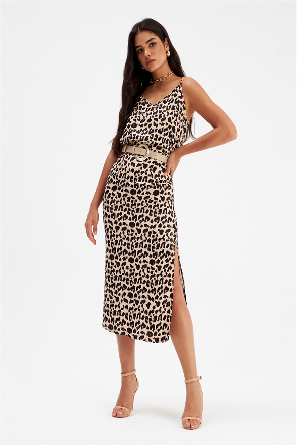 Leopard print satin skirt with slits - BEIGE
