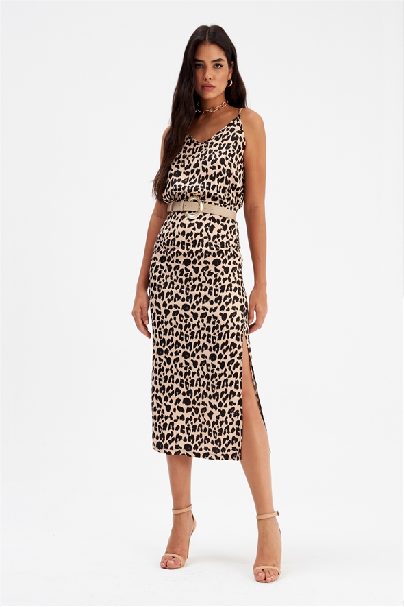 Leopard print satin skirt with slits - BEIGE