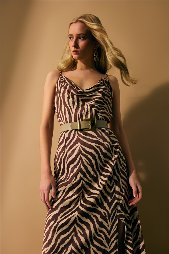 Zebra print satin dress with slits - BROWN