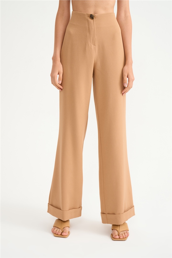 Yüksek bel düğme detaylı pantolon - CAMEL