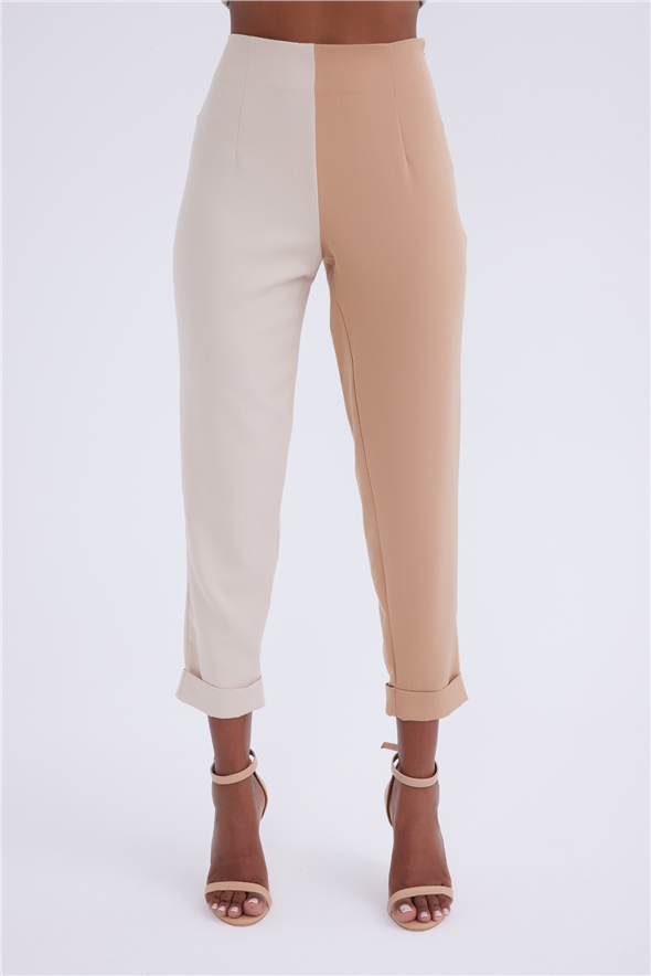 Yüksek bel kontrast pantolon - BEJ-CAMEL