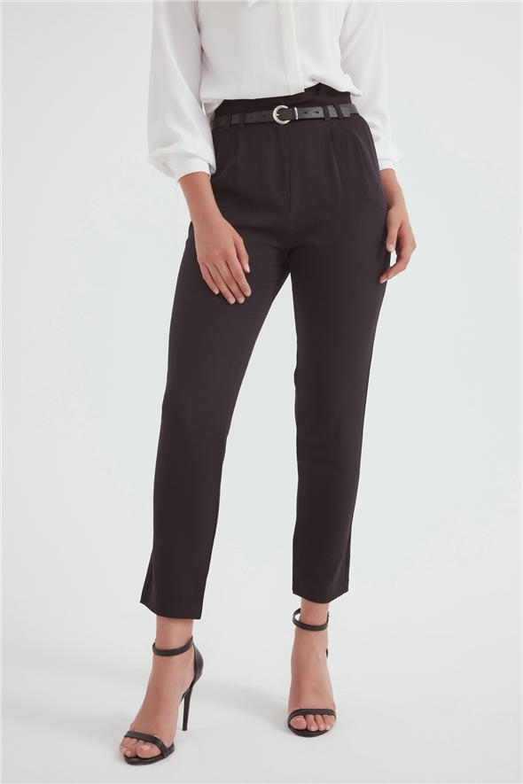 High waist pleated belted Trousers - BLACK